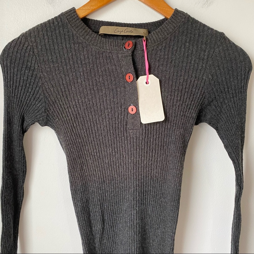 Enza Costa Cashmere Ribbed Henley Charcoal - Picture 2 of 14